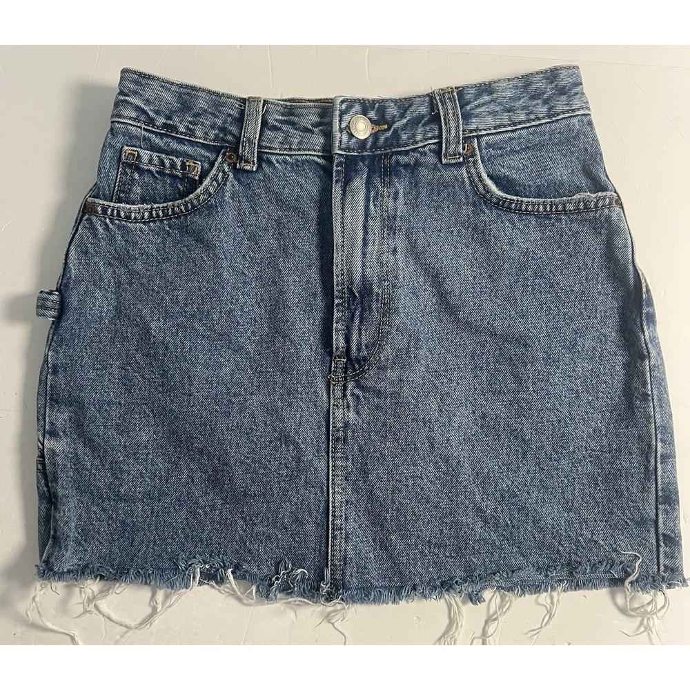 Bershka Ladies Distressed Denim Mini Skirt Light Wash Raw Hem Size USA 2